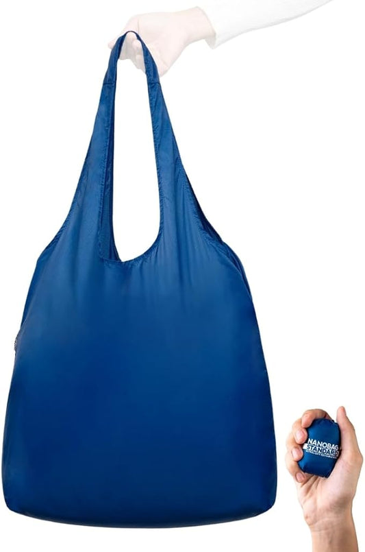 Nanobag Ultra-Lightweight Standard Size Tote Bag for Women & Men, Heavy Duty Reusable Grocery Bag, Foldable Travel Shopping Tote, Packable Cloth Bag with Handles, Washable Market Tote (Navy)