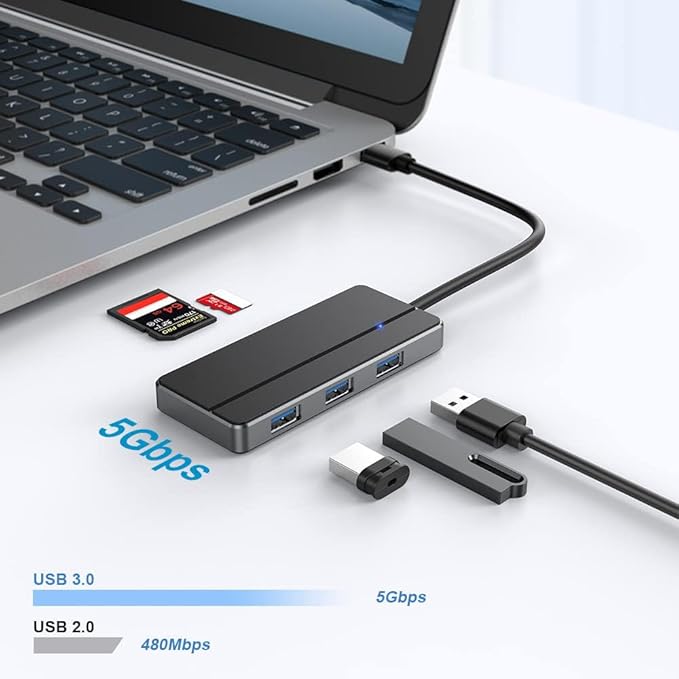 5-in-1 USB 3.0 Hub Adapter Hub, with 3 USB 3.0 Ports, SD and microSD Card Reader, USB A to USB C Adapter, for MacBook Pro, iMac, XPS, Surface Pro, S20, S10[Charging NOT Supported]