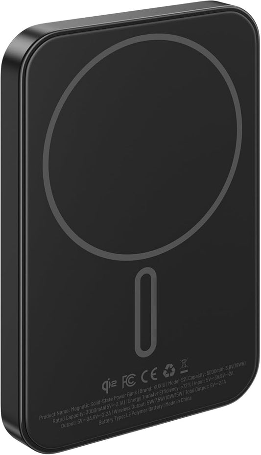 Solid-State Portable Charger for Mag-Safe, 0.39" Ultra Slim Qi2-Certified 15W Magnetic Wireless Power Bank, 5000mAh 20W Fast Charging Battery Pack for iPhone 16/15/14/13/12 Series-Black