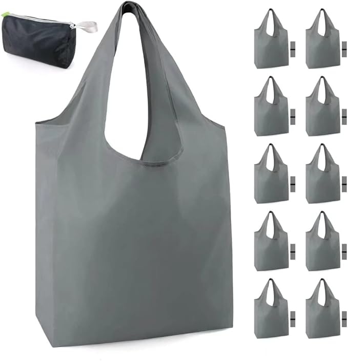 BeeGreen Grey Reusable Shopping Bags for Groceries 10 Pack Reusable Grocery Bags Washable 50LBS folding with Zipper Carry Pouch Tote Gift Bags Durable Polyester