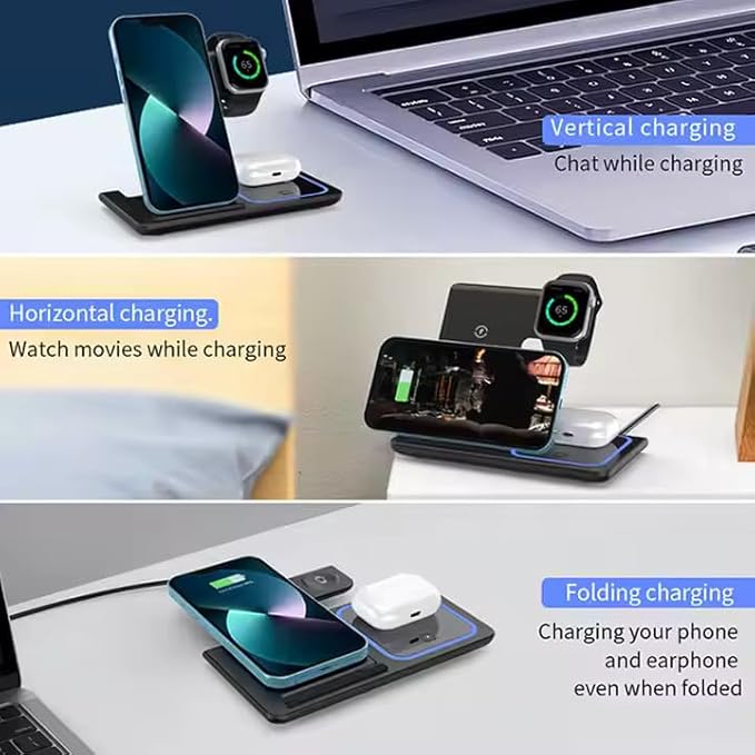 Multiple Devices Charging Station, Wireless Charger 3 in 1 Magnetic Wireless Charging Stand for iPhone 16/15/14/13/12/11/X, Samsung, and Many More with USB Cable, Apple Watch Series (Black)