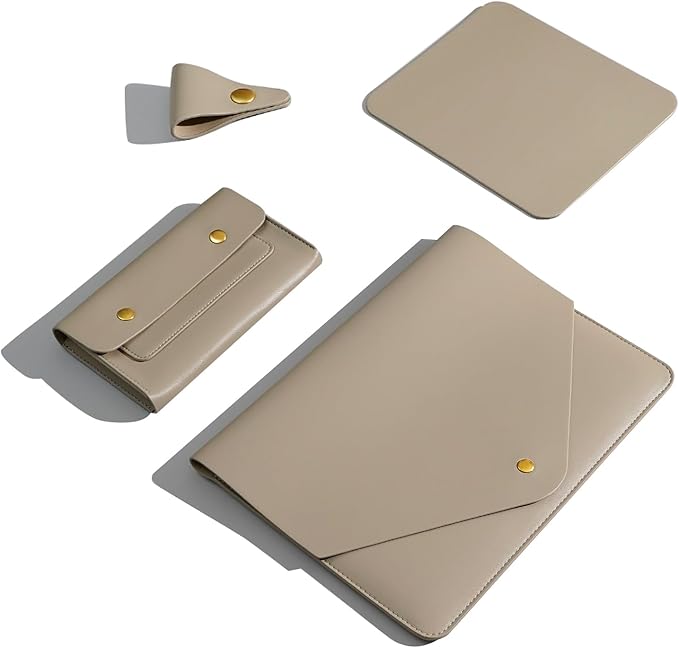 PU Leather Laptop Sleeve 16 Inch Compatible with New MacBook Pro 16 A2991 A2780, MacBook Pro 15, Surface Book 15, Dell XPS 15 with Small Pouch, Mouse Pad and Cord Organizer Color Khaki