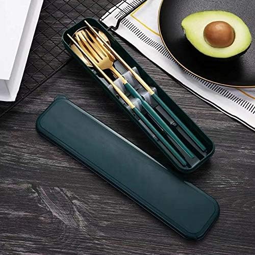 4 Pcs Portable Stainless Steel Tableware Set, Dishwasher Safe Reusable Flatware Cutlery Set, Include Fork Spoon Chopsticks with box (Golden green)