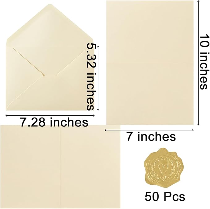 50 Pack Cream A7 Envelopes with Cards 5x7 Thick Folded Cardstock and Gold Stickers for Greeting Cards, Wedding, Birthday, Invitations, Baby Showers (Cream, 5x7)