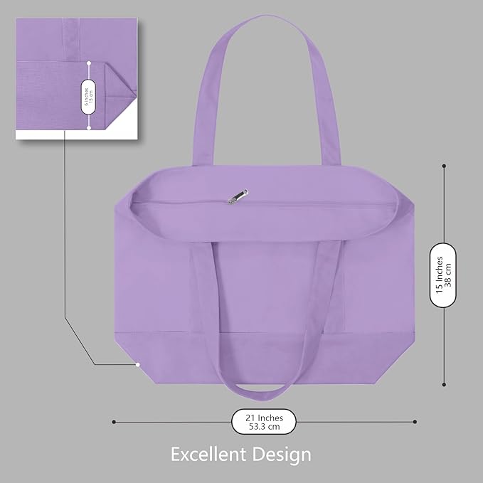 TOPDesign 1-Pack Canvas Tote Bag with an External Pocket, Reusable Grocery Shopping Bag, Top Zipper Closure, Daily Essentials (Lavender)
