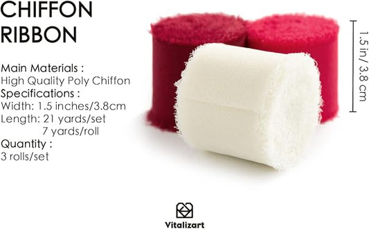 Vitalizart Red Handmade Chiffon Silk Ribbon Fringe 1.5" x 21 Yd Frayed Edges Ribbons for Wedding Invitations Bridal Bouquets Gifts Wrapping Crafts Holiday Party Decorations