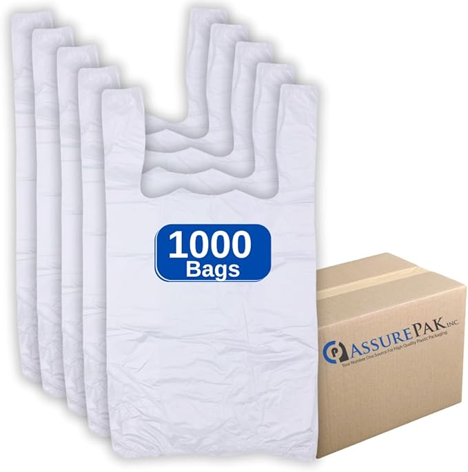 Easy Open - Stock T-Shirt Plastic Bag - Clear - 10"x5"x18" with handles – 1000 Units – 13 Microns - 1/8 BBL – Perfect for Grocery Shopping and Store Purchases