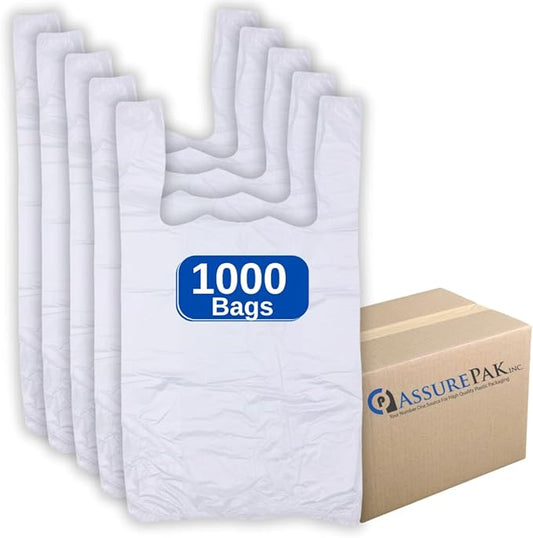 Easy Open - Stock T-Shirt Plastic Bag - Clear - 10"x5"x18" with handles – 1000 Units – 13 Microns - 1/8 BBL – Perfect for Grocery Shopping and Store Purchases