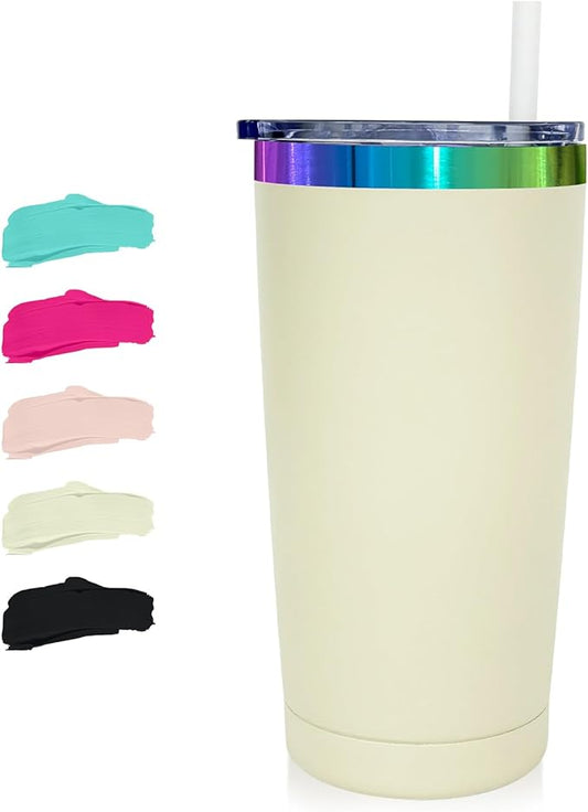 20 oz Stainless Steel Tumbler with Lid and Straw Double Wall Vacuum Insulated Coffee Mug Powder Coated Cup for Hot and Cold Drinks (White,1 pack)