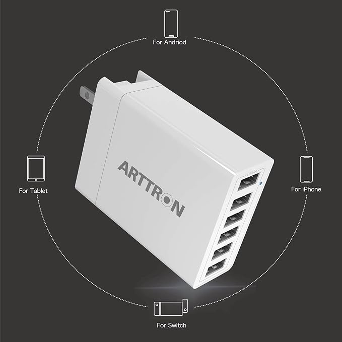 USB Wall Charger Adapter, Arttron 40W 6-Port Foldable Wall Plug Multiport Charger for iPhone iPad Tablets Smartphones, Home Office Use