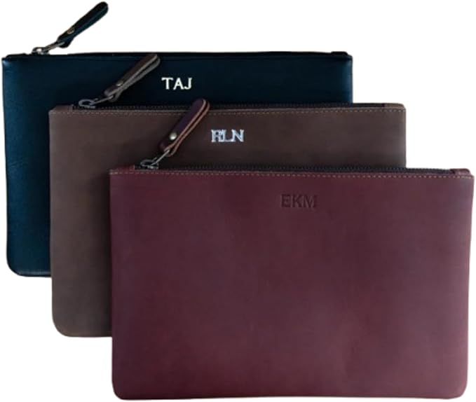 Personalized Leather Zipper Pouch – Monogrammed Travel Case for Pens, Pencils, or Cosmetics – Custom Leather Clutch – Bridesmaid or Bachelorette Gift – Handmade in USA