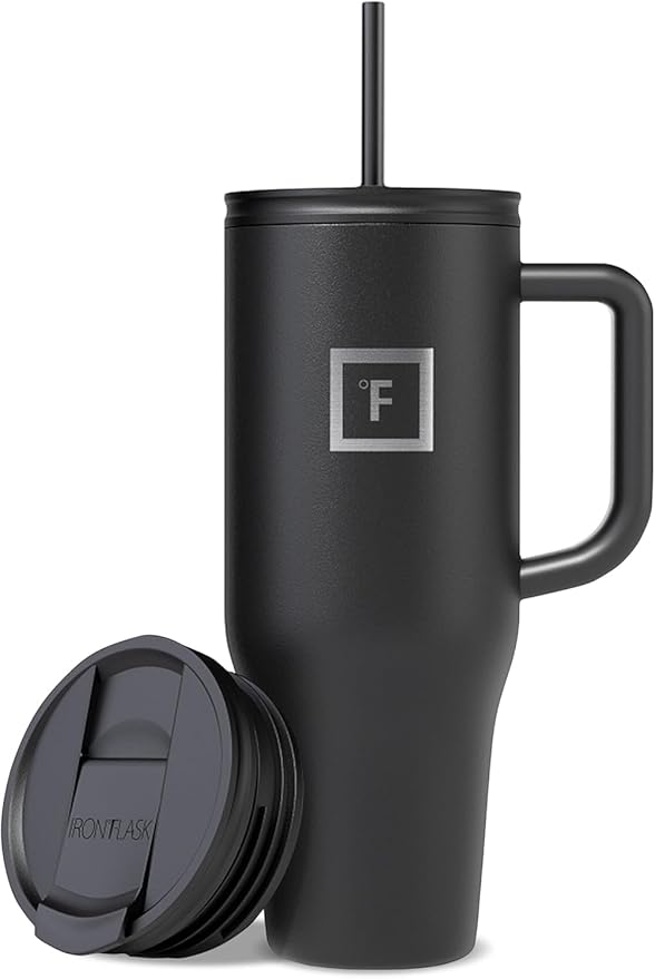 IRON °FLASK Co-Pilot Insulated Mug w/Straw & Flip Cap Lids - Cup Holder Bottle for Hot, Cold Drink - Leak-Proof - Water, Coffee Portable Travel Mug - Midnight Black, 40 Oz