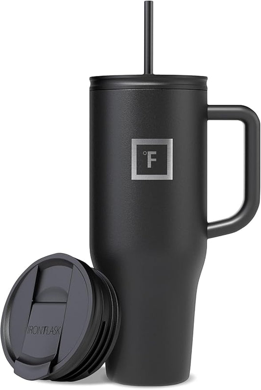 IRON °FLASK Co-Pilot Insulated Mug w/Straw & Flip Cap Lids - Cup Holder Bottle for Hot, Cold Drink - Leak-Proof - Water, Coffee Portable Travel Mug - Midnight Black, 40 Oz