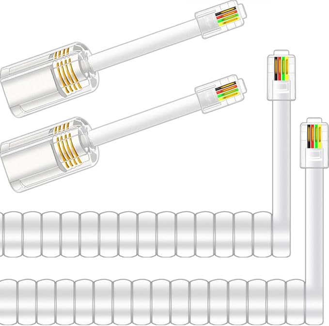 NECABLES 2+2Pack No Tangle Phone Cord for Landline 2pcs Telephone Handset Cord and 2pcs Detangler for Desk Phone White