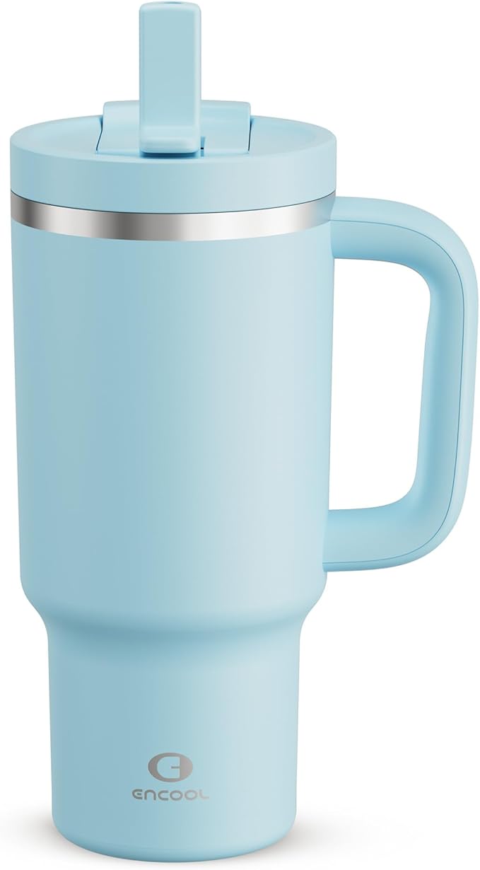 32 oz Tumbler with Handle and Straw: Stainless Steel Insulated Tumbler Keeps Cold for 24 Hours, Leakproof Travel Cup Fits in Cup Holder and BPA-Free,Pewter Blue