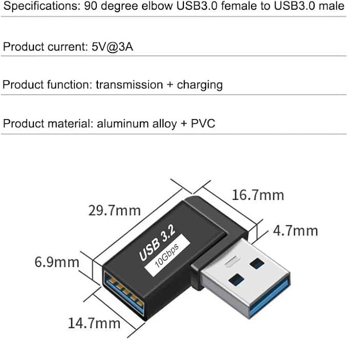 90 Degree Left and Right Angle USB 3.0 Male to Female Expansion Adapter,USB Extender Connector Adapter 2 Pack-Black