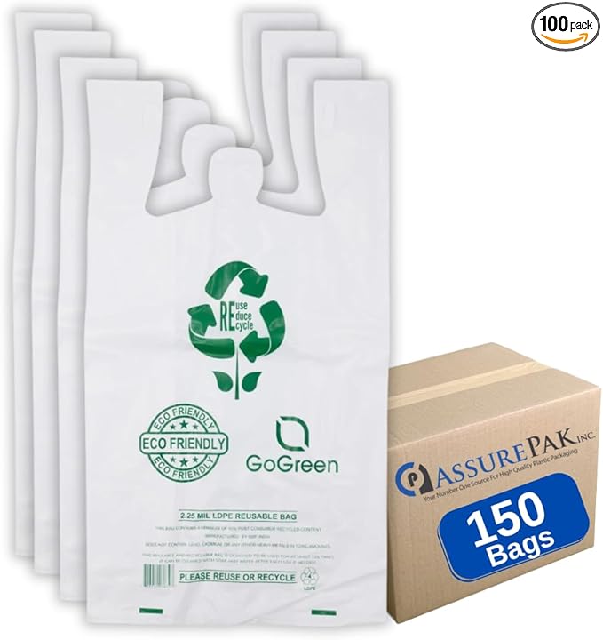 White Reusable/Eco-Friendly LDPE T-Shirt - 1/6 BBL 12"X7"X22" - 150 Bags - 57 Micron (2.25 mil) - White - WHLD40REC225REU12722 - AssurePak
