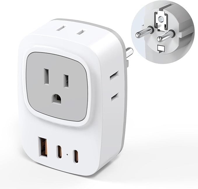 European Travel E F Plug Adapter, International Power Adapter with 4 AC Outlets 3 USB Charging Ports, Type C Outlet Adaptor Charger for US to EU Most of Europe EU Iceland Spain Italy France Germany