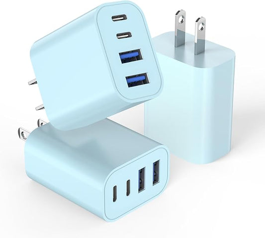 40W iPhone 16 Fast Charger Block,3Pack 4-Port USB C Charging Blocks QC Wall Plug + PD 3.0 Power Adapter Multiport Apple USB C Charging Block for iPhone 16/16e/16 Pro/15/15 Pro Max/14/13/12/iPad(Blue)