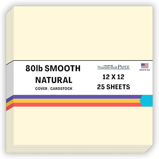 25 Natural Smooth Card Stock Sheets Paper - 12 X 12 Inches Scrapbook Album|Cover Size - 80# (80 lb/pound) Cover Weight - Quality Paper - Smooth Finish