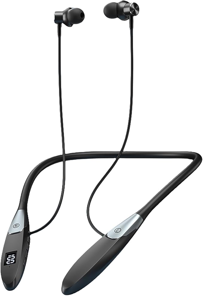 Neckband Bluetooth Headphones ，60H Music Time Wireless Stereo Neckband Earbuds with Bluetooth 5.3 LED Digital Display ENC Call Noise Cancellation Silicone Collar in Ear Headset for Sports/Workout