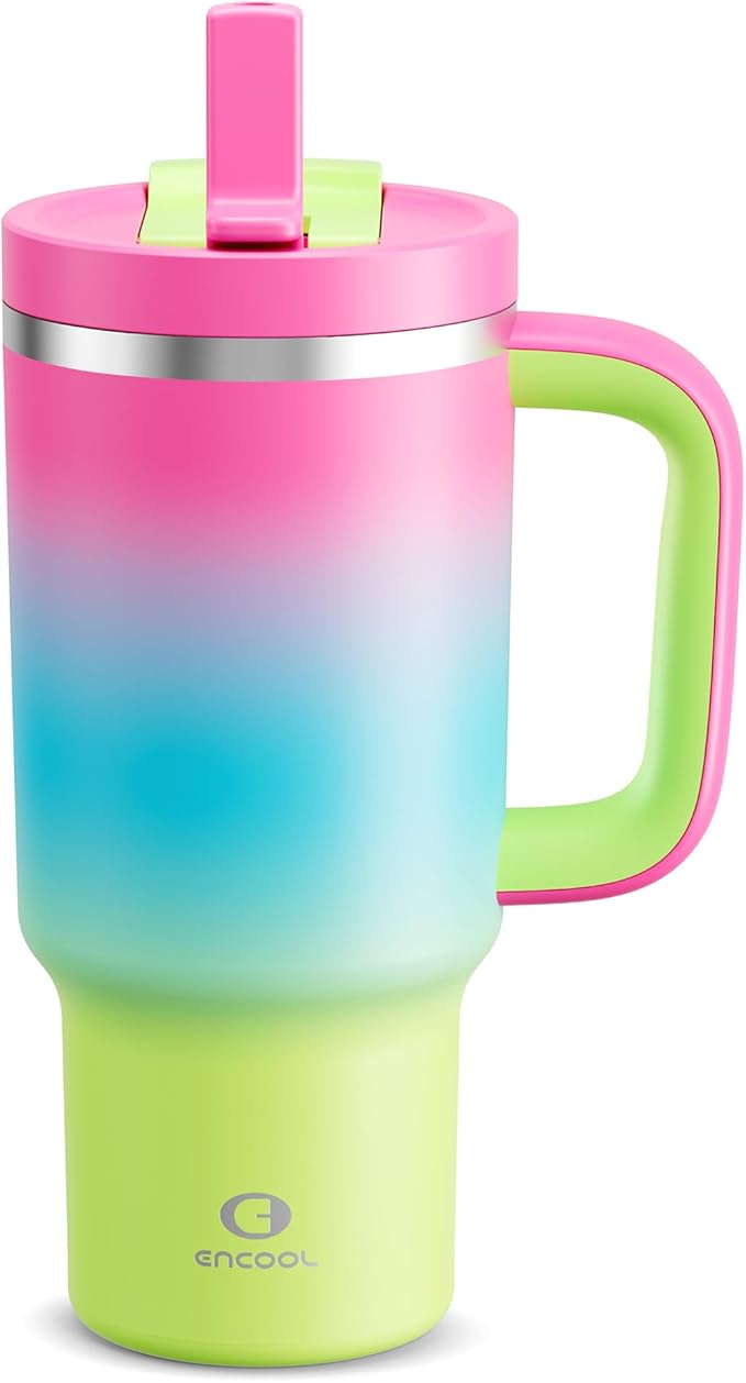 32 oz Tumbler with Handle and Straw: Stainless Steel Insulated Tumbler Keeps Cold for 24 Hours, Leakproof Travel Cup Fits in Cup Holder and BPA-Free, Lime Sorbet