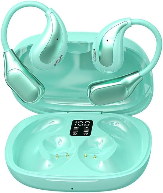 Open Ear Wireless Bluetooth Headphones, Sport Over Headset Built-in Mic, LED Display, Touch Control Earphones, IPX5 Waterproof for Sports Running Driving Cycling (Green)