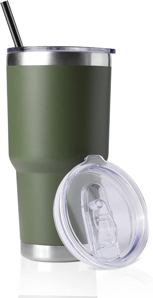 DOMICARE 30 oz Tumbler with Lid and Straw, Stainless Steel Tumblers Bulk, Insulated Vacuum Double Wall Travel Coffee Mug, Durable Powder Coated Tumbler Cup (Army Green, 1)