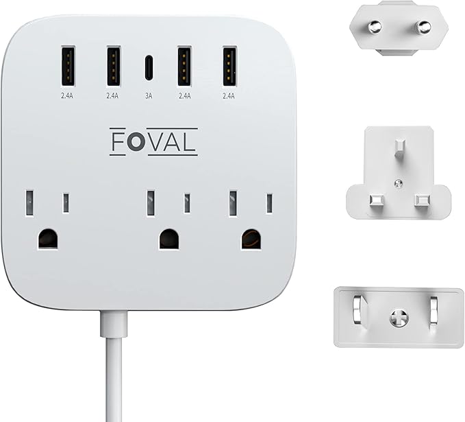 European Travel Plug Adapter, FOVAL EU UK US Power Strip with USB C and 4 USB Ports, 3 AC Outlets, Wall Mountable, 5ft Extension Cord, Compact for Travel, Cruise Ship, Home Office (White)