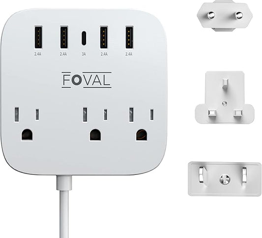 European Travel Plug Adapter, FOVAL EU UK US Power Strip with USB C and 4 USB Ports, 3 AC Outlets, Wall Mountable, 5ft Extension Cord, Compact for Travel, Cruise Ship, Home Office (White)