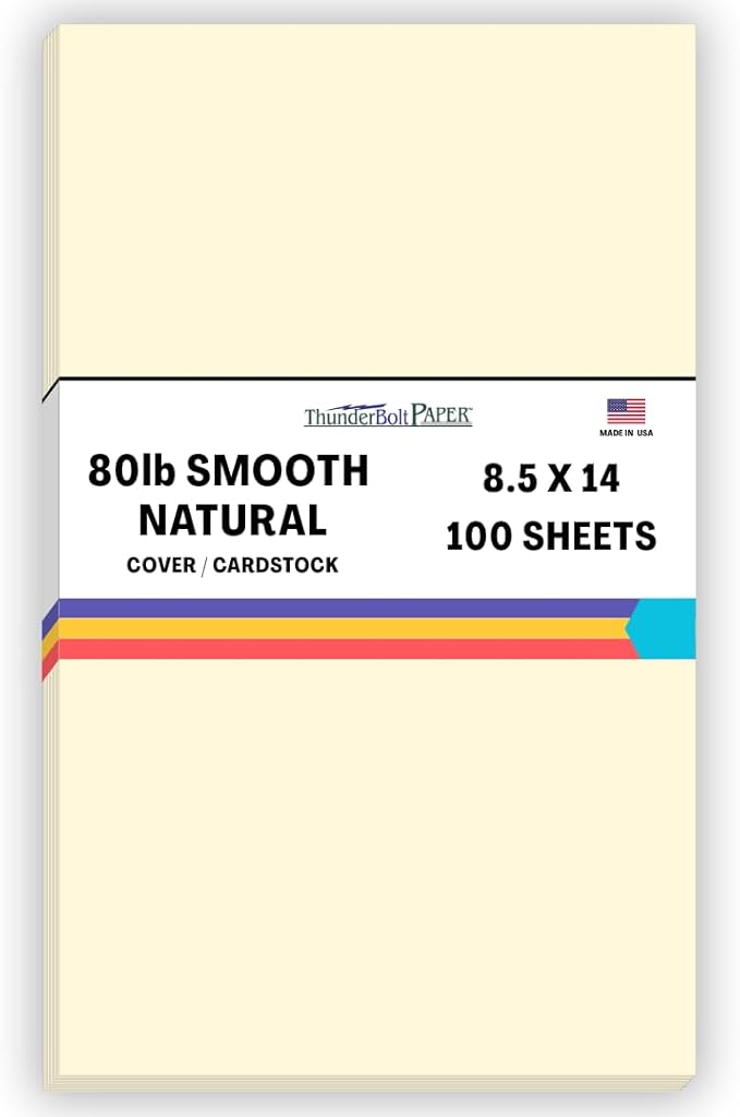 100 Natural Smooth Card Stock Sheets Paper - 8.5 X 14 Inches Legal|Menu Size - 80# (80 lb/Pound) Cover Weight - Quality Paper - Smooth Finish