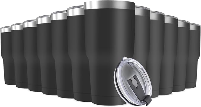 30oz Stainless Steel Travel Mug with Lid, 12 Pack Double Wall Vacuum Insulated Bulk Tumbler, Powder Coated Coffee Cup Suitable for Vehicle Cup Holders (Black)