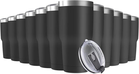 30oz Stainless Steel Travel Mug with Lid, 12 Pack Double Wall Vacuum Insulated Bulk Tumbler, Powder Coated Coffee Cup Suitable for Vehicle Cup Holders (Black)