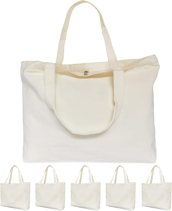 Koolmox Canvas Tote Bags with Zipper, 6-Pack 17x14'' Cotton Tote Bag with Flat Bottom, Reusable Washable Grocery Shopping Bags Plain Totes for Women DIY Art Crafts Painting Embroidery Decoration