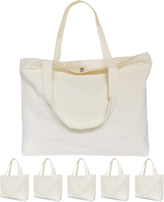 Koolmox Canvas Tote Bags with Zipper, 6-Pack 17x14'' Cotton Tote Bag with Flat Bottom, Reusable Washable Grocery Shopping Bags Plain Totes for Women DIY Art Crafts Painting Embroidery Decoration