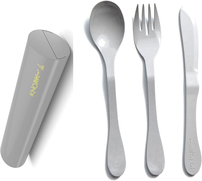 Knork Eco Astrik Plant Based Travel Set, 4 Piece (Eco Fork Knife Spoon With Carry Case, Gray
