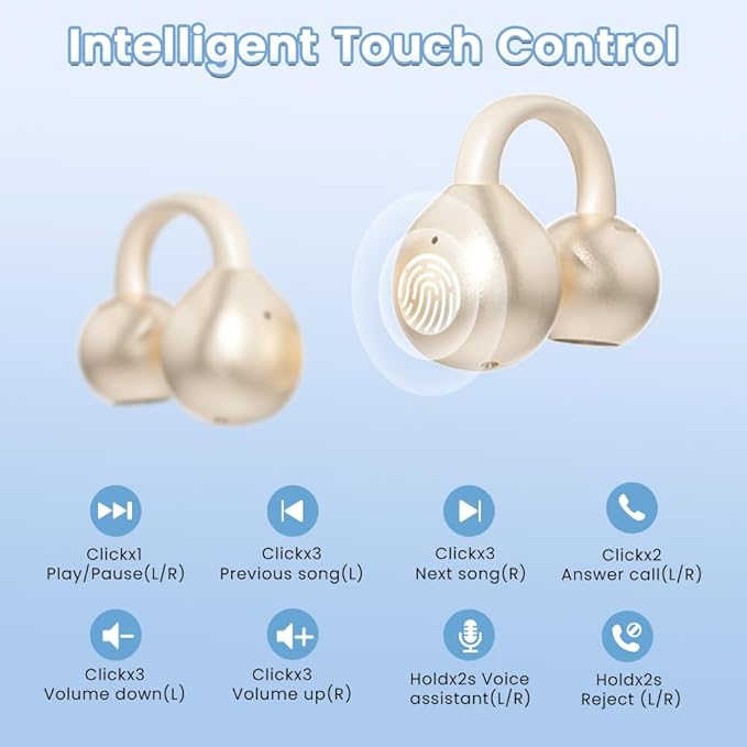 Clip on Earbuds Open Ear Wireless Bluetooth 5.4 Headphones with Mic,60H Play,Noise Cancelling,Waterproof,Sports Ear Buds,Comfortable for Small Ears & Glasses Wearers,Workouts (Off White)