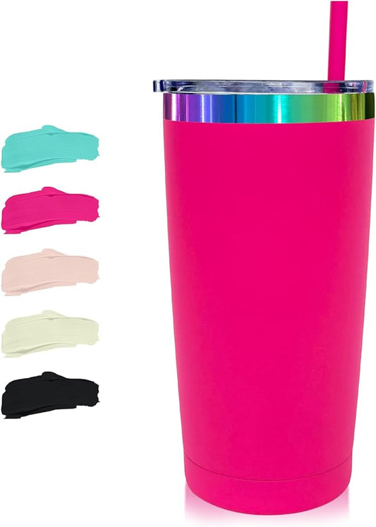 20 oz Stainless Steel Tumbler with Lid and Straw Double Wall Vacuum Insulated Coffee Mug Powder Coated Cup for Hot and Cold Drinks (Rosy,1 pack)