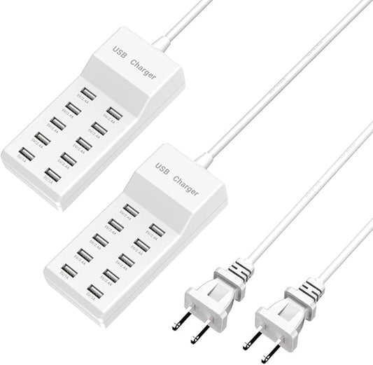 Charging Station - 10-Port USB Charging Hub, Smart Multi-Port Charger, 70.8-Inch Extension Cable, Compatible with Various Devices, Phones, Cameras, Bluetooth Headsets, Tablets, etc. (2 Piece)