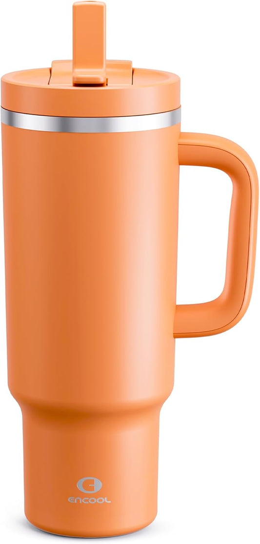 40 oz Tumbler with Handle and Straw: Stainless Steel Insulated Tumbler Keeps Cold for 24 Hours, Leakproof Travel Cup Fits in Cup Holder and BPA-Free, Moderate Orange