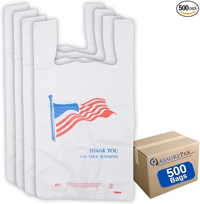 Easy Open HDPE Plastic Bag - 500 Bags/case - "American Flag" White T-Shirt Bag -1/6 BBL 11.5"x 6.5"x 21" - 18 microns - For Retail, Groceries, Merchandise, Convenience Store, Supermarket, Restaurant