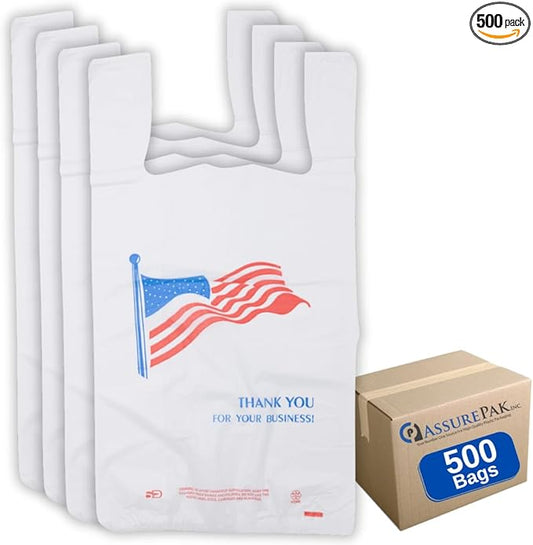 Easy Open HDPE Plastic Bag - 500 Bags/case - "American Flag" White T-Shirt Bag -1/6 BBL 11.5"x 6.5"x 21" - 18 microns - For Retail, Groceries, Merchandise, Convenience Store, Supermarket, Restaurant