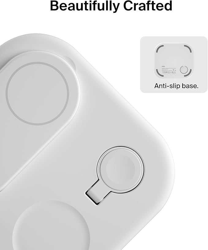 Belkin 3-in-1 MagSafe-Compatible iPhone Charger 15W, Foldable Magnetic Qi2-Certified Wireless Charging Station for iPhone 17, Apple Watch Series 10, AirPods 4, Pixel 10, w/Non-Slip Base & PSU - White