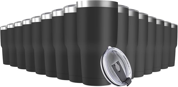 30oz Stainless Steel Travel Mug with Lid, 16 Pack Double Wall Vacuum Insulated Bulk Tumbler, Powder Coated Coffee Cup Suitable for Vehicle Cup Holders (Black)