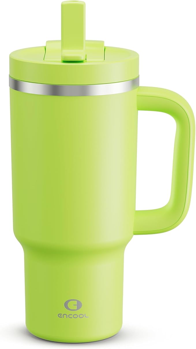 32 oz Tumbler with Handle and Straw: Stainless Steel Insulated Tumbler Keeps Cold for 24 Hours, Leakproof Travel Cup Fits in Cup Holder and BPA-Free, Sharp Green