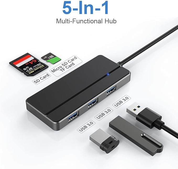 5-in-1 USB 3.0 Hub Adapter Hub, with 3 USB 3.0 Ports, SD and microSD Card Reader, USB A to USB C Adapter, for MacBook Pro, iMac, XPS, Surface Pro, S20, S10[Charging NOT Supported]