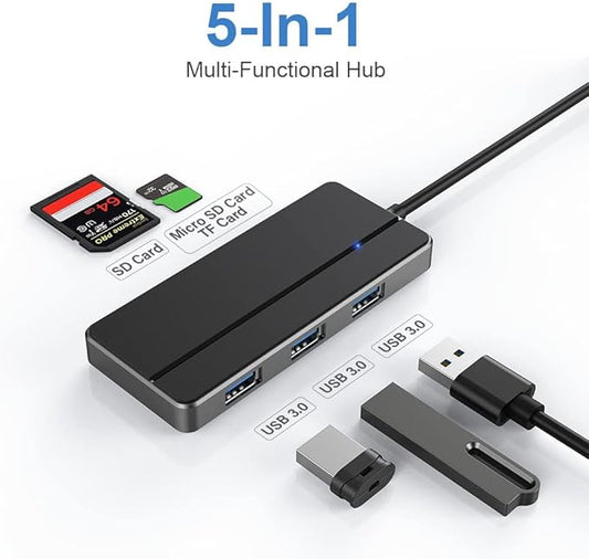 5-in-1 USB 3.0 Hub Adapter Hub, with 3 USB 3.0 Ports, SD and microSD Card Reader, USB A to USB C Adapter, for MacBook Pro, iMac, XPS, Surface Pro, S20, S10[Charging NOT Supported]