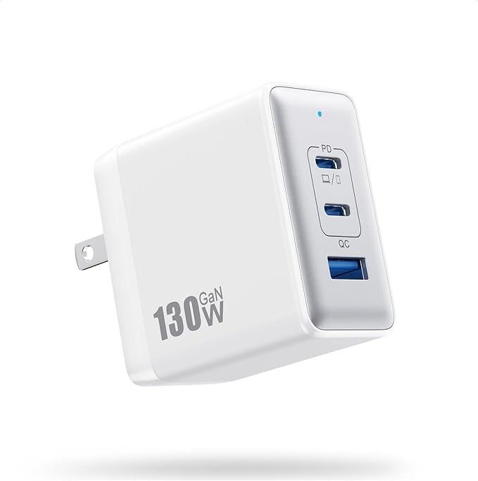 130W USB C Charger Block,3-Port GaN Fast Charger,Compact Foldable Type C Fast Charging Wall Charger,PD QC 65W USB C Laptop Charger for MacBook Pro/Air,iPad Pro,iPhone16/15,Galaxy Series etc(White)