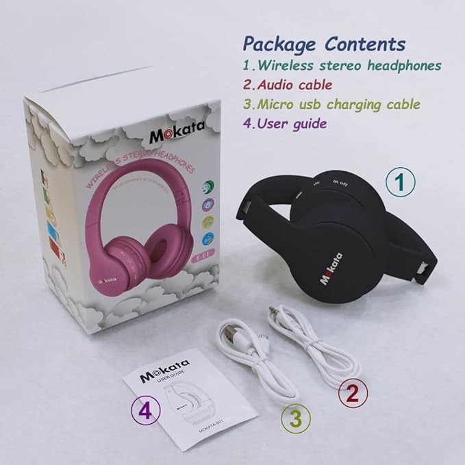 Headphones Kids Bluetooth 5.4 Wireless Play Time 68H Safe Volume Limit 85/94dB Over-Ear Foldable Headset,Fast Charging,with Aux Cord Built-in Mic for Toddler Child Pad Study Tablet Black