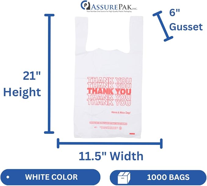 White 'Thank You' HDPE T-Shirt Bags - Grocery Bags with Handles – 1/6 BBL Size 11.5"x6"x21" – 15 Microns – 1000 units – Thank You Shopping Bags for Retail, Takeout, Restaurant Supplies – AssurePak